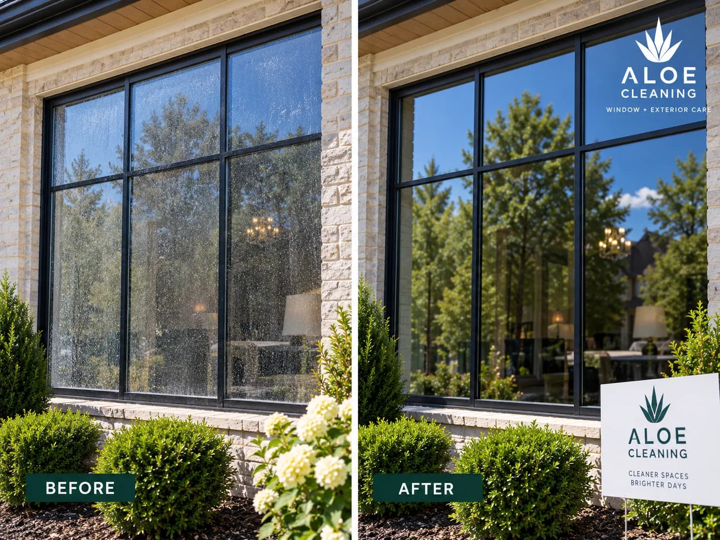 A wall of tall black-framed windows on a brick home, filmed with grime on the left half and clear on the right, an Aloe yard sign in the garden.