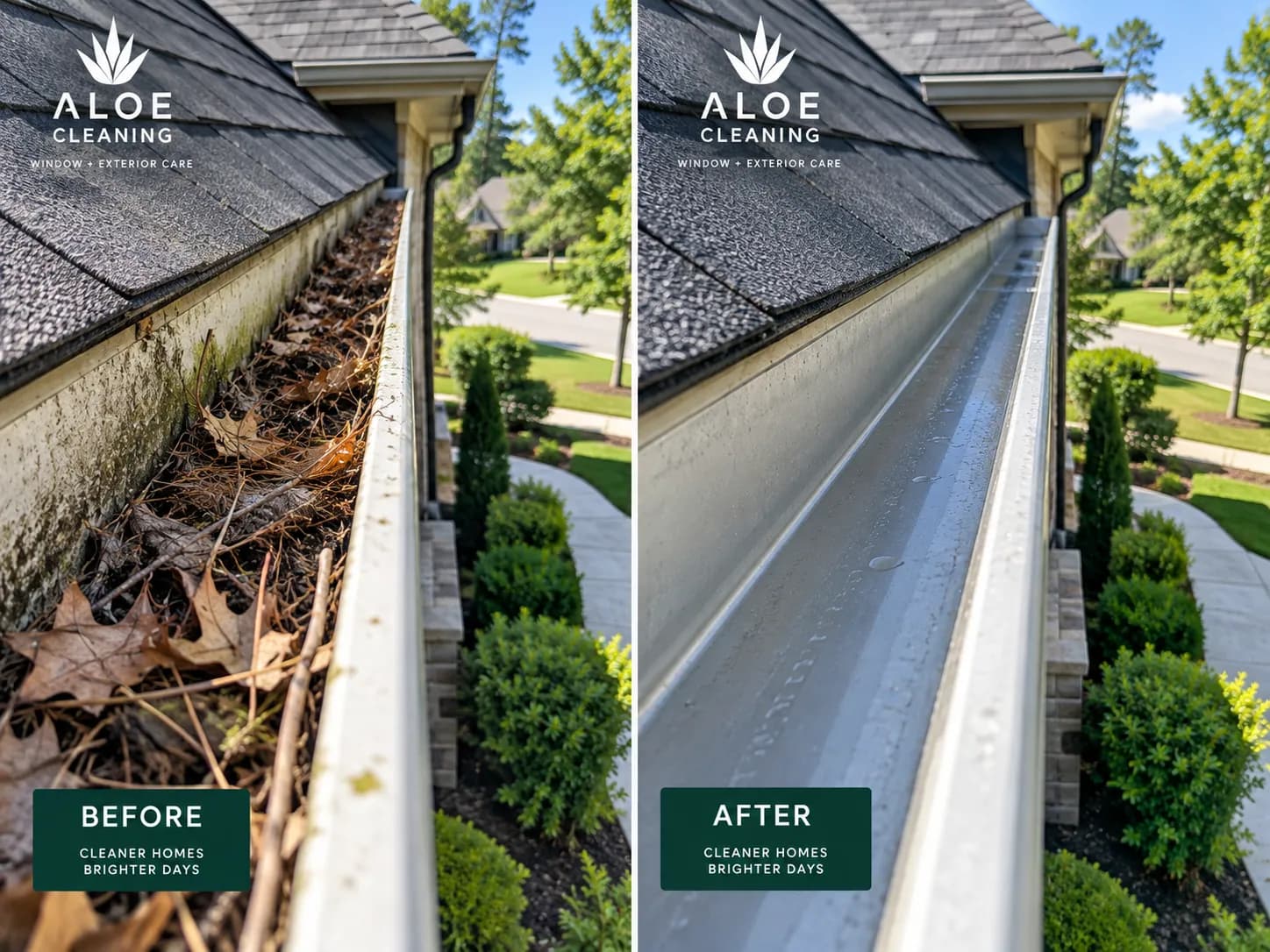 A roofline gutter packed with wet leaves and pine needles on the left half, emptied and rinsed on the right.