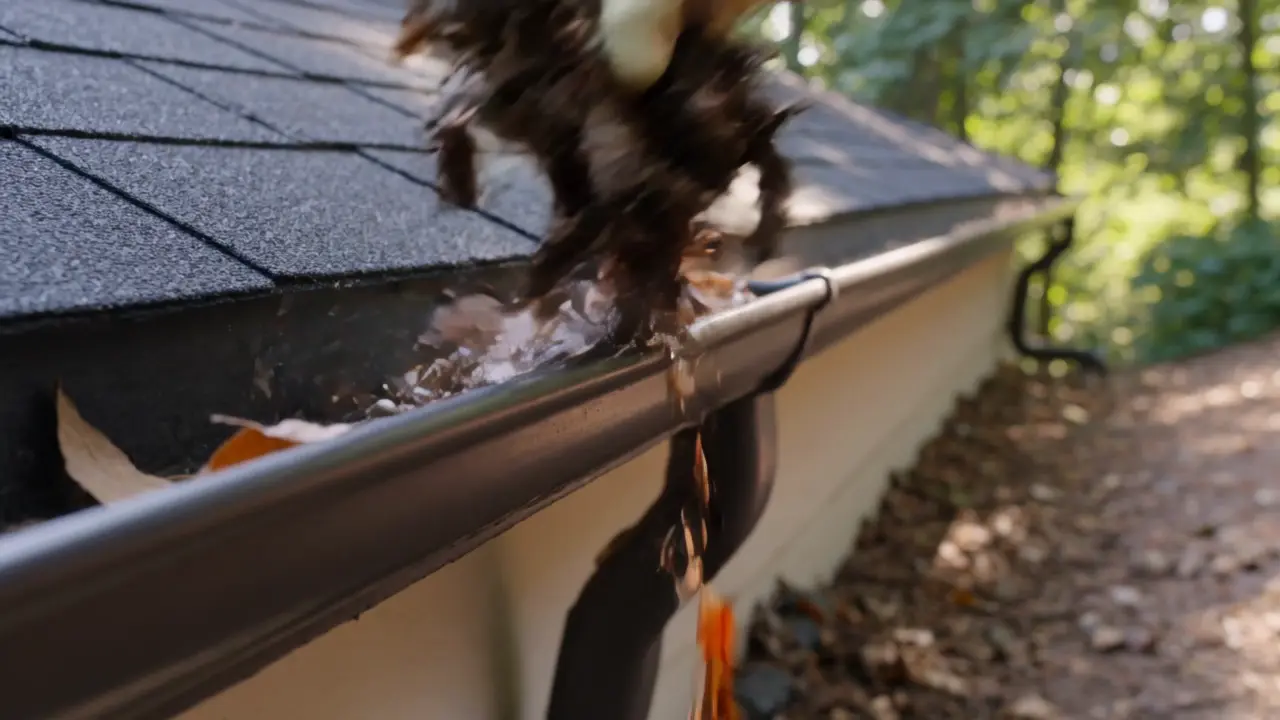 Debris lifted from a gutter run by hand, then a downspout flushed clear.