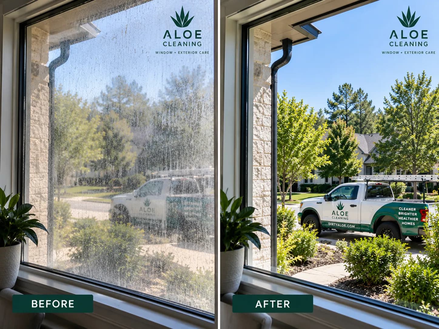 The view out a living-room window, hazy on the left half and sharp on the right, with a parked Aloe truck visible beyond the glass.