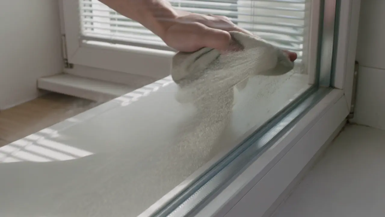 Interior glass hand-cleaned in a protected room, blinds set aside.