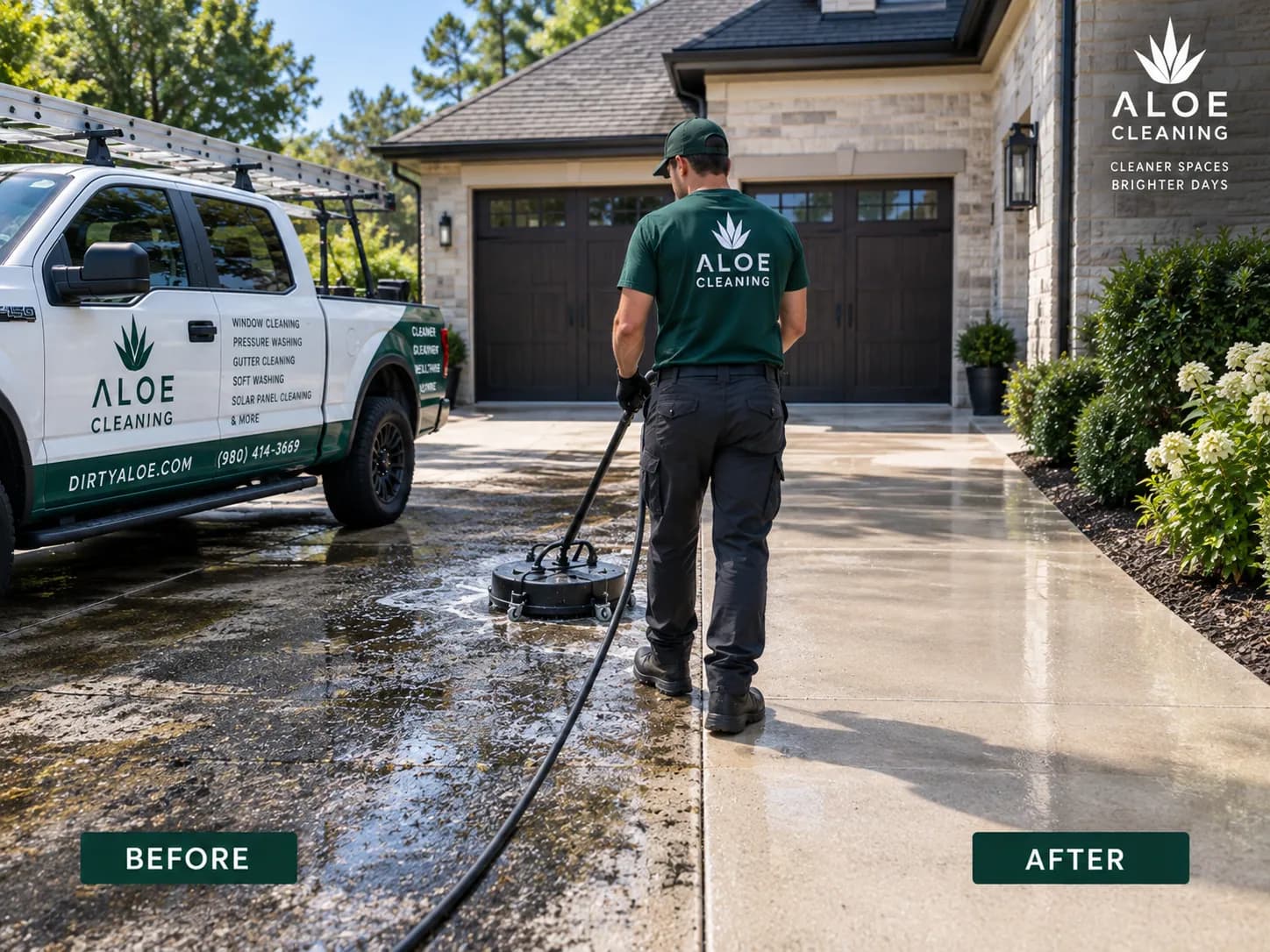 A technician running a rotary surface cleaner across a concrete driveway; the cleaned strip is noticeably lighter than the untouched half, a branded truck at the garage.