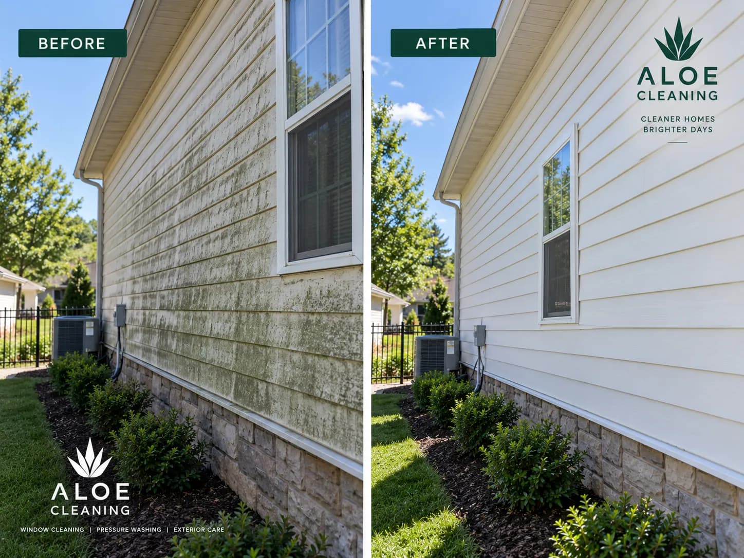 A run of lap siding beneath an eave, green with algae on the left half and clean off-white on the right.