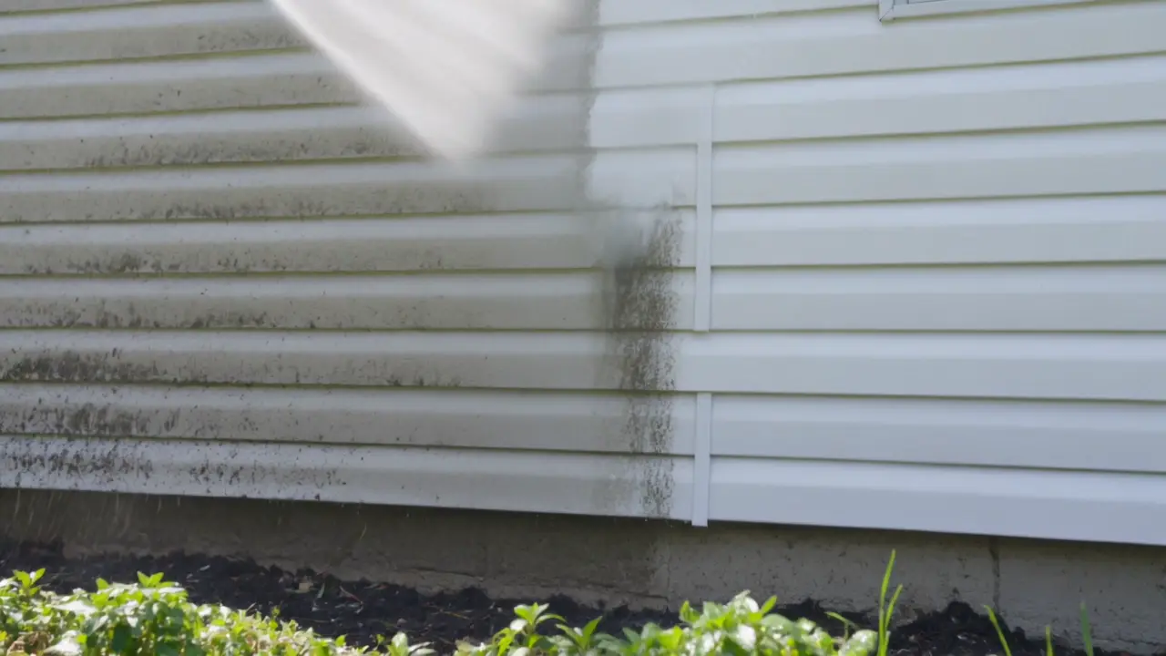 A low-pressure rinse moving down a siding elevation, a clean band emerging.