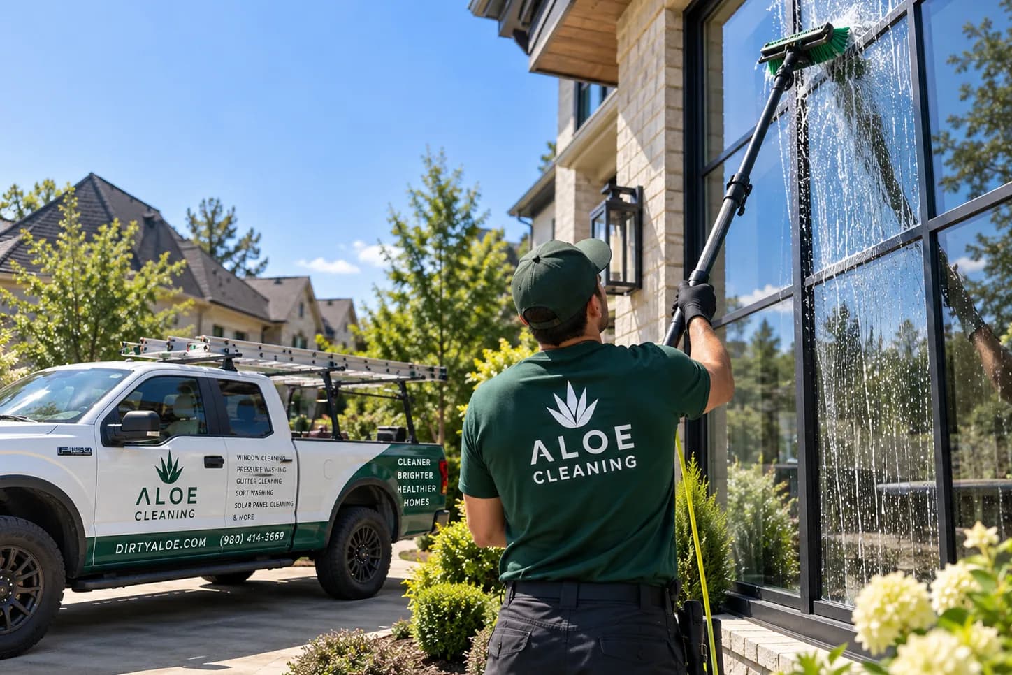 A technician in an Aloe polo washing the top of a two-storey window from the ground with a water-fed pole, a branded truck parked on the driveway behind.