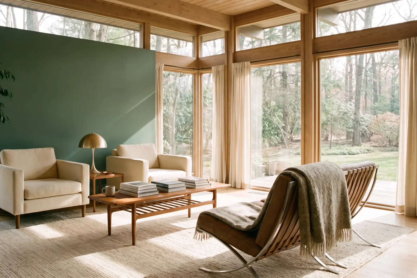 A calm interior behind floor-to-ceiling glass, hand-cleaned and streak-free.