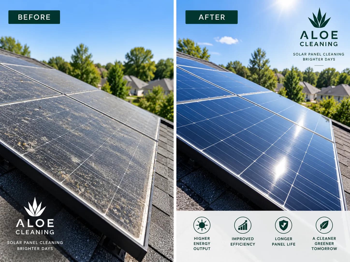 Rooftop solar panels dulled by pollen and dust on the left half, dark and reflective on the right, a row of benefit icons beneath.
