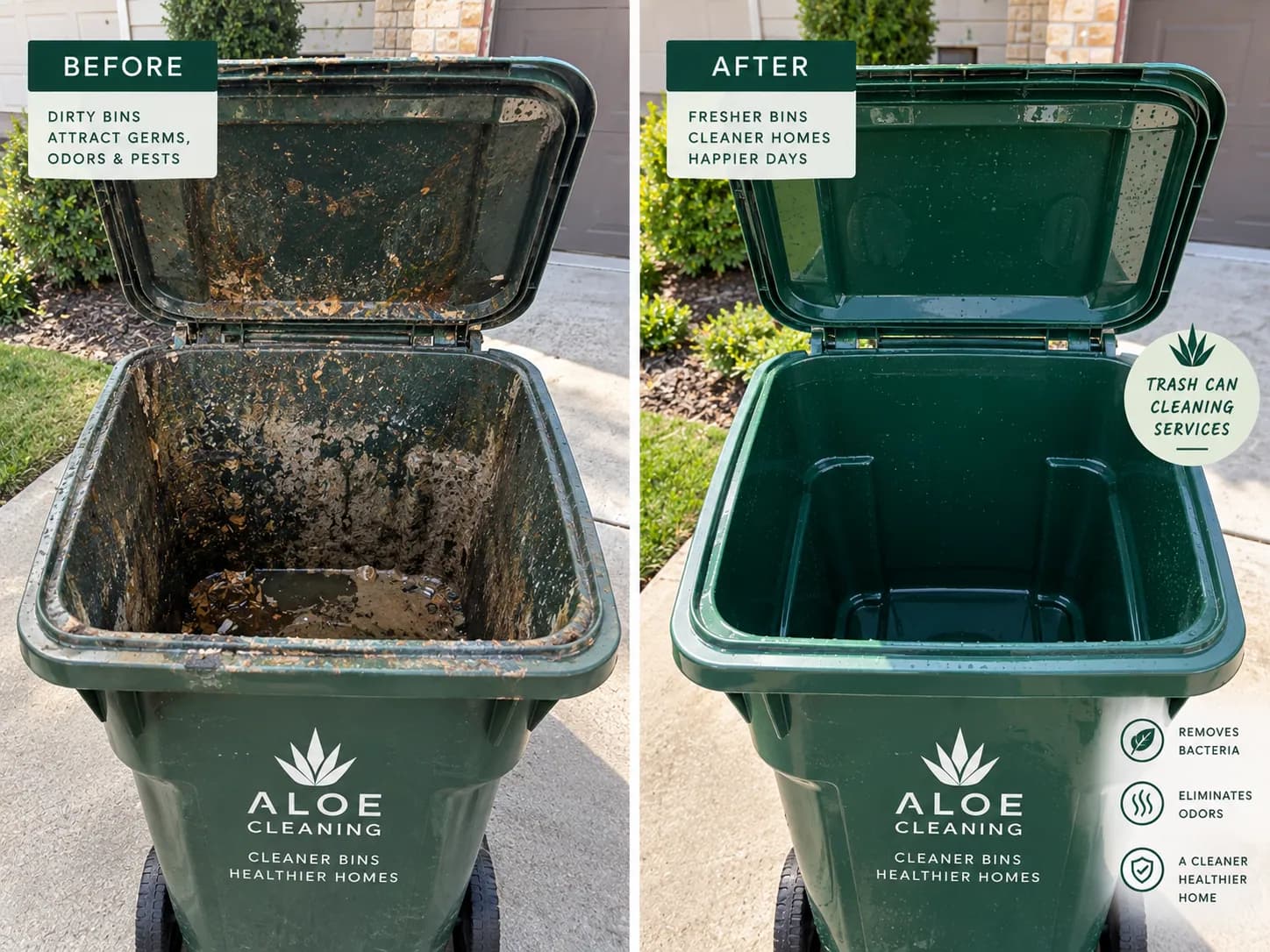 The open lid and inside of a wheeled bin, caked with residue on the left half and rinsed clean on the right.